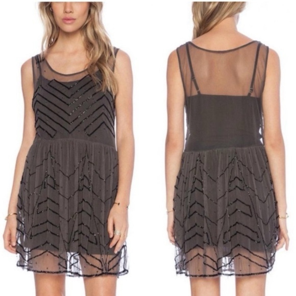 Free People Embellished Mesh Mini Tunic Slip in Charcoal Gray Size Small